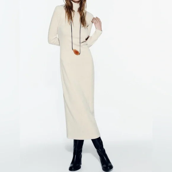 Zara | Dresses | Zara Light Creamivory Ruched Knit Midi Maxi Dress Small  Mock Neck Long Sleeves | Poshmark